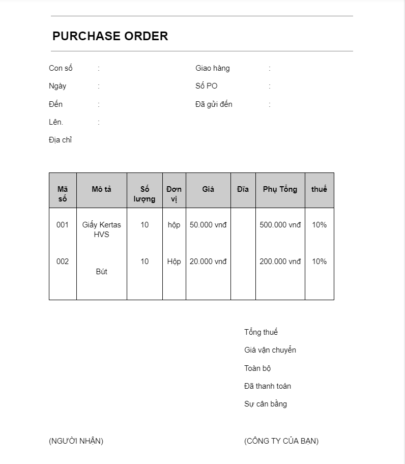 Mẫu Purchase Order chi tiết
